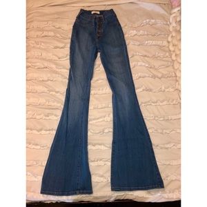 Vibrant High Waist Button Flare Jeans (Light Blue)